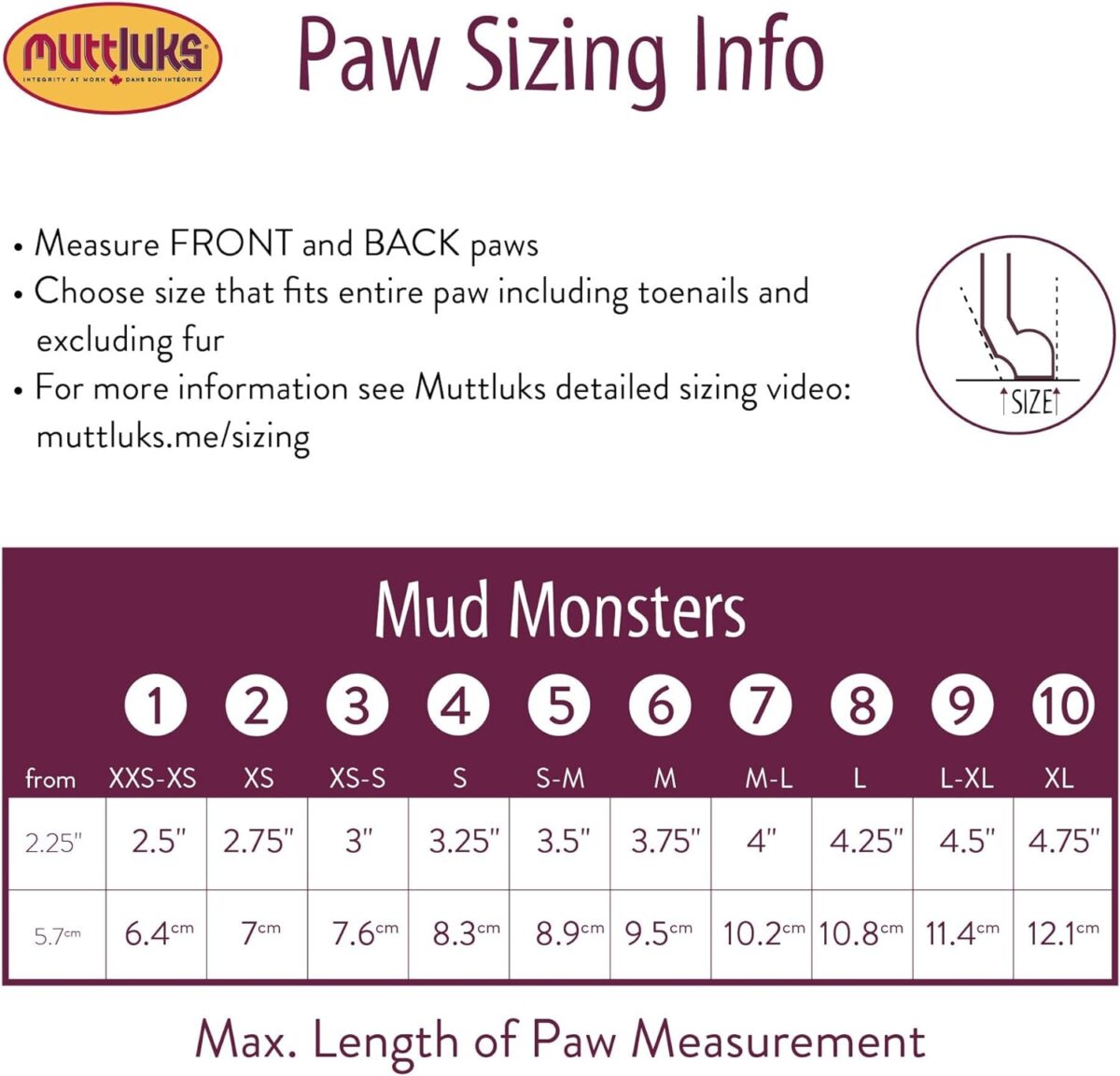 Muttluks measurement chart